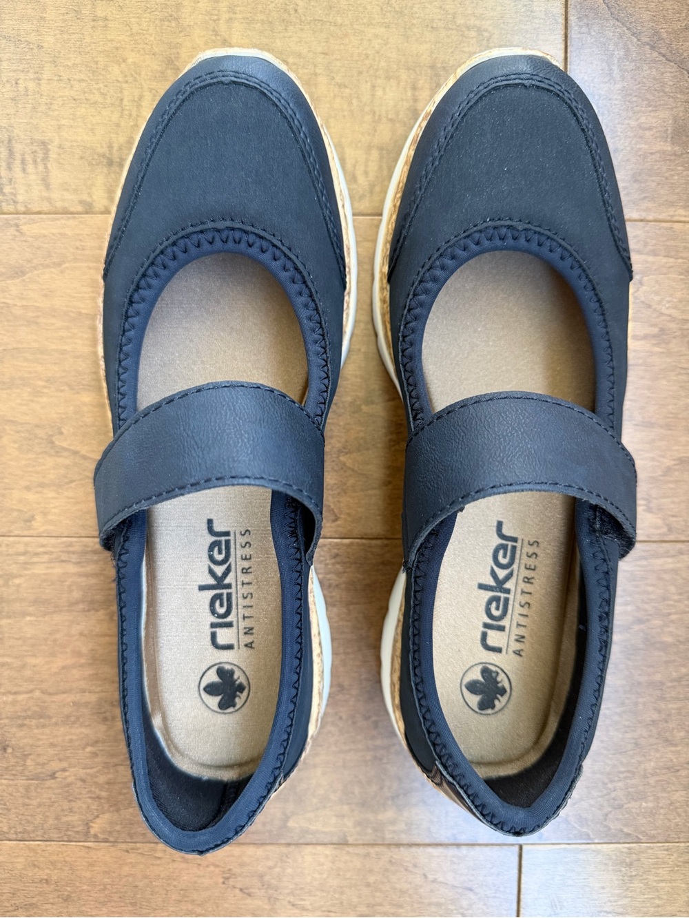 Rieker Ladies Antistress Black Mary Jane Shoes with Velcro Strap